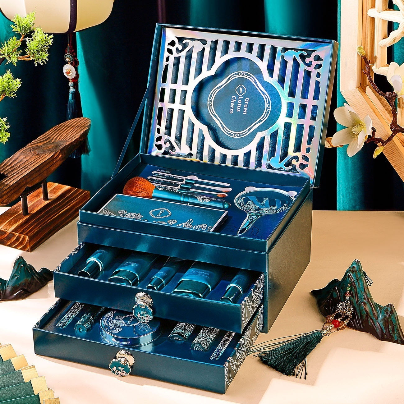 Ensemble de maquillage et de soins de la peau Green Lotus Beauty, 18 pièces