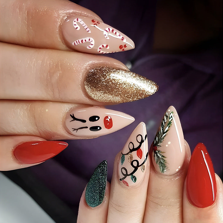 Lot de 24 faux ongles de Noël avec chapeau rayé et flocon de neige, autocollants pour nail art, pour fêtes, danses ou tenues de vacances